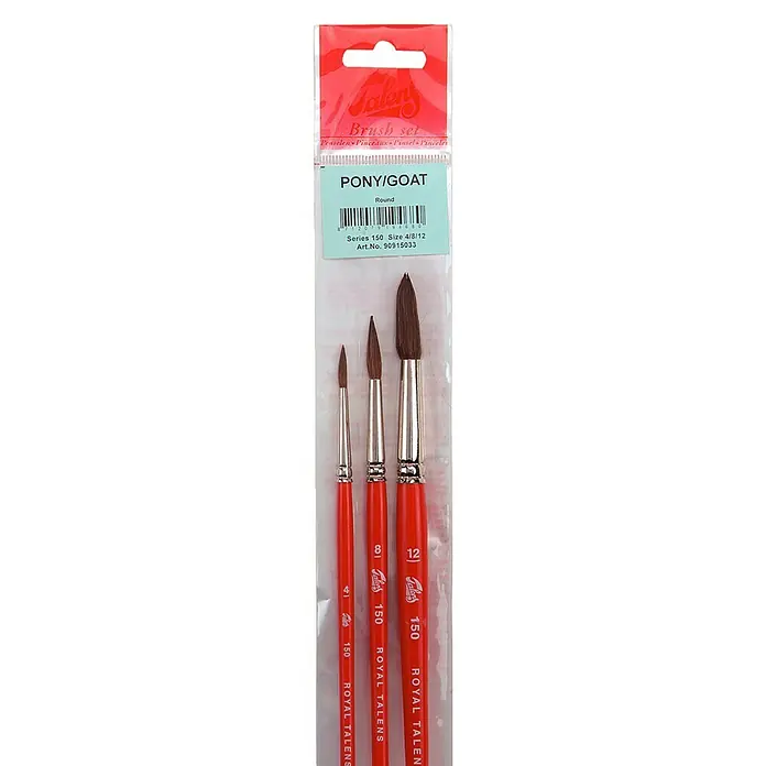 Talens Set de pinceles redondos Aguada Juego 150 - 3 pzs. - Primer plano de un set de pinceles Royal Talens con cerdas de pelo de poni/cabra en tamaños 4, 8 y 12, ideal para acuarela y detalles finos.