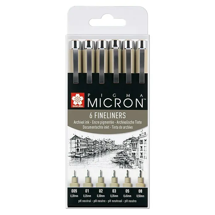 Talens Sakura Set de rotuladores punta fina Pigma Micron - Negro, 6 ud. - Un conjunto de 6 rotuladores Sakura Pigma Micron en diferentes grosores para dibujo de precisión e ilustración.