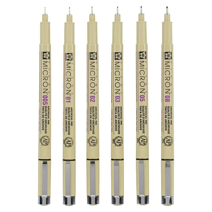 Talens Sakura Set de rotuladores punta fina Pigma Micron - Negro, 6 ud. - Una selección de bolígrafos Pigma Micron en diferentes grosores, ideales para líneas precisas e ilustraciones detalladas.