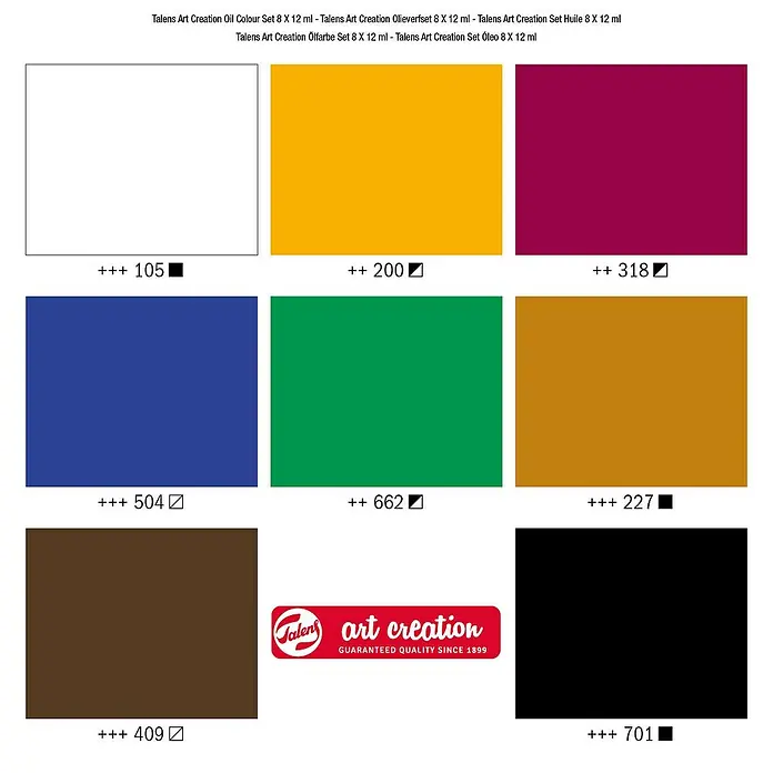 Talens Art Creation Set de pinturas al óleo - Multicolor, 8 ud. x 12 ml, Tubo - Paleta de colores del set de óleo Talens Art Creation que muestra varios tonos y códigos de color correspondientes para artistas.