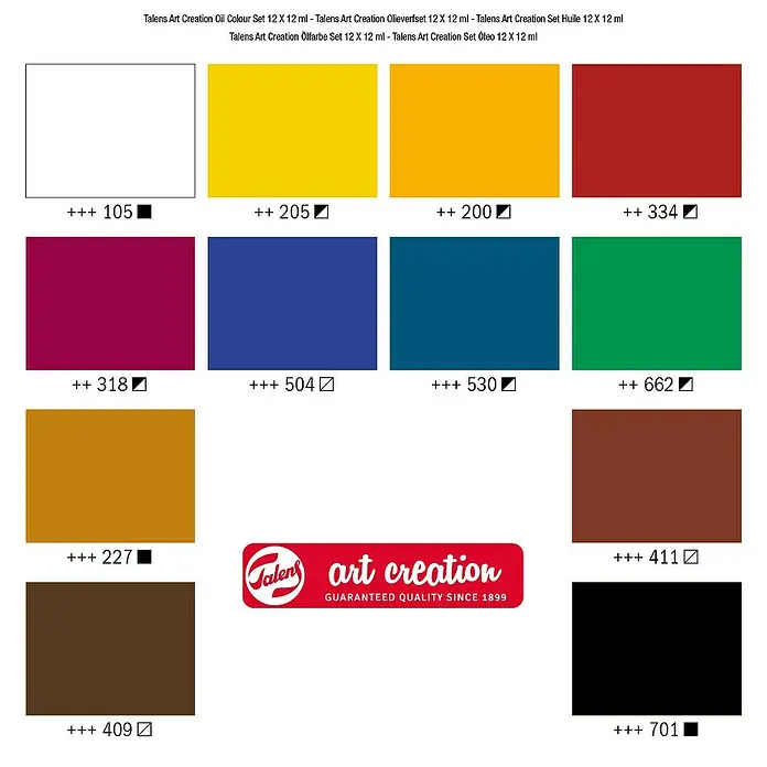 Talens Art Creation Set de pinturas al óleo - Multicolor, 12 ud. x 12 ml, Tubo - Set de colores al óleo Talens Art Creation con 12 colores. El set contiene pinturas al óleo de alta calidad para artistas y aficionados.