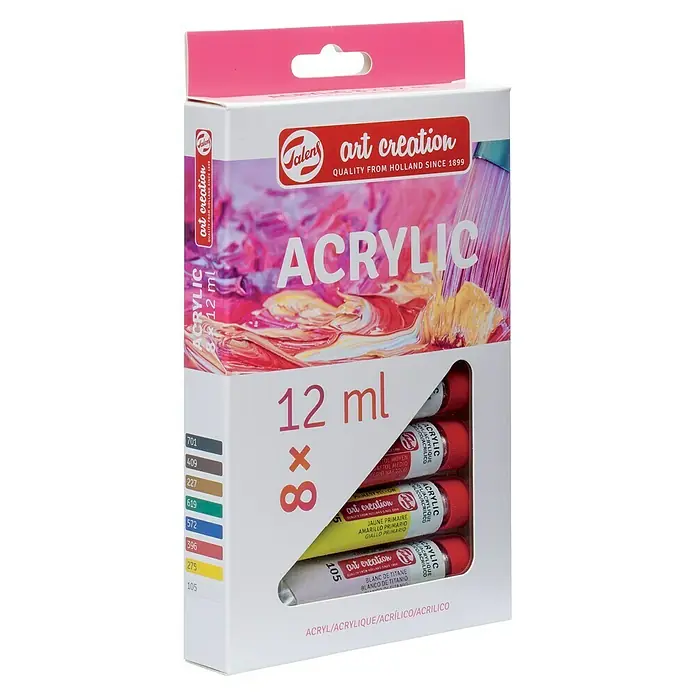 Talens Art Creation Set de pinturas acrílicas - Multicolor, 8 ud. x 12 ml, Tubo - Primer plano de un set de pintura acrílica Talens Art Creation con ocho tubos de 12 ml, ideal para artistas y aficionados.