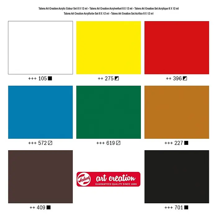 Talens Art Creation Set de pinturas acrílicas - Multicolor, 8 ud. x 12 ml, Tubo - Set de pintura acrílica Art Creation de Talens con 8 colores de 12 ml cada uno para proyectos de arte, ideal para principiantes y artistas experimentados.