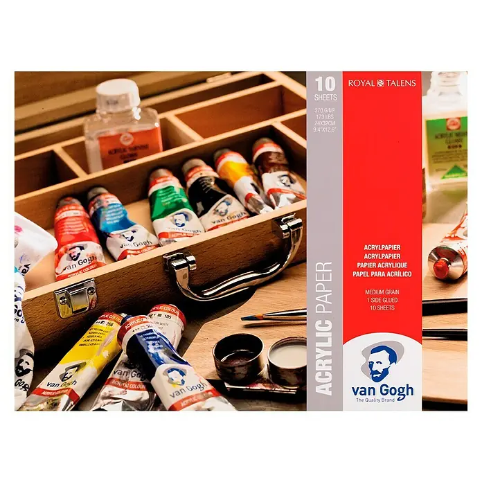 Talens Van Gogh Bloc de papel para pintura acrílica - 370 g/m² - Primer plano de pinturas acrílicas y papel Van Gogh, ideal para artistas.