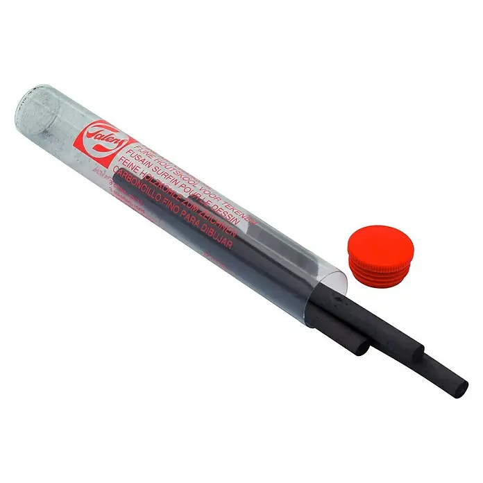 Talens Lápiz de carbón - 3 ud., Negro - Barras de carboncillo fino Talens en un tubo transparente con tapa roja, ideales para dibujar y esbozar.