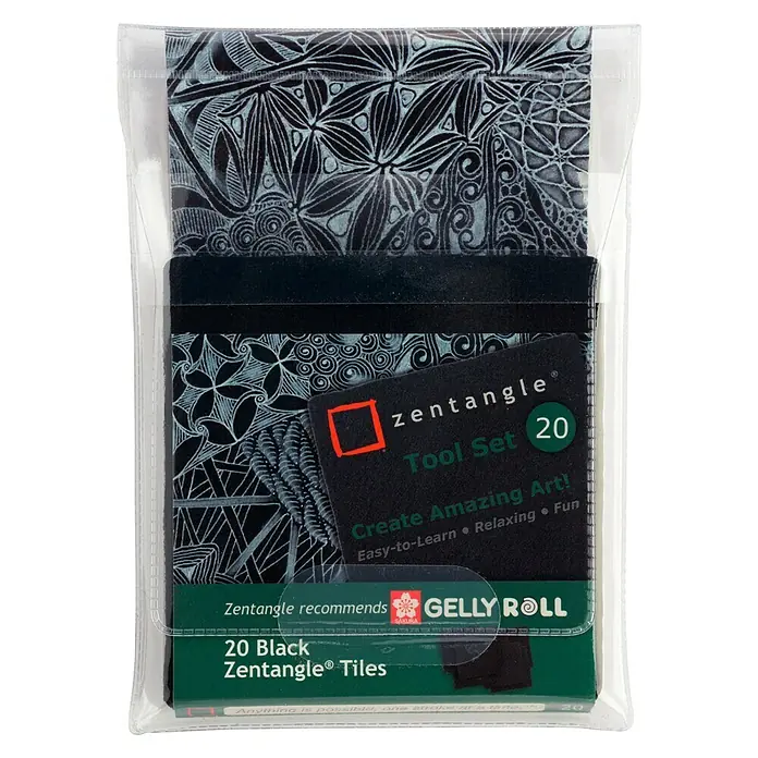 Talens Sakura Papel para manualidades Zentangle Tool - 20 ud., 8,9 x 8,9 cm, Negro - Primer plano del juego de herramientas Zentangle que contiene 20 fichas negras de Zentangle. Ideal para la relajación creativa y la diversión mientras se aprende fácilmente.