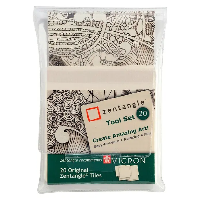 Talens Sakura Papel para manualidades Zentangle Tool - 20 ud., 8,9 x 8,9 cm, Blanco - Un paquete de azulejos Zentangle con la leyenda "Zentangle Tool Set 20", ideal para relajarse y crear obras de arte asombrosas.