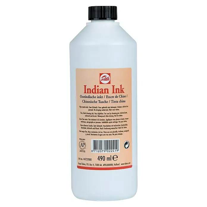 Talens Tinta para caligrafía - 490 ml, Negro - Bote de tinta china Talens de 490 ml, ideal para líneas finas e ilustraciones, resistente al agua una vez seca.