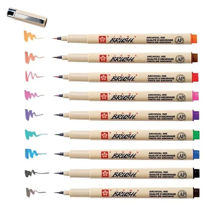 Talens Set de marcadores de efecto lacado Pigma Brush - 9 ud., Multicolor - Un primer plano de plumas de pincel Sakura Pigma en varios colores, perfectas para dibujar e ilustrar.