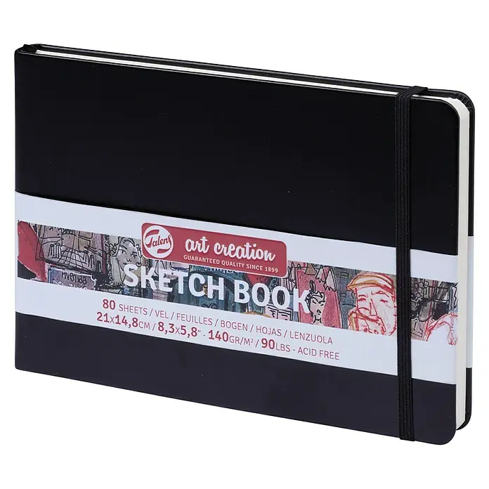 Talens Art Creation Bloc para esbozos Sketch Book - 140 g/m² - Cuaderno de bocetos negro Art Creation con goma elástica, 80 hojas, sin ácido, ideal para artistas y creativos.