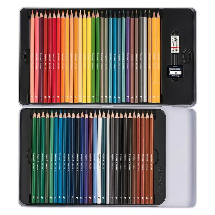 Talens Bruynzeel Set de lápices de dibujo caja metálica - 60 ud., Multicolor - Caja metálica abierta que muestra una colección de lápices de colores Bruynzeel, exhibiendo un amplio espectro de colores.