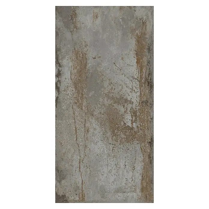 Feinsteinzeugfliese Flatiron - 60 x 120 cm, Silber, Matt - Graue Keramikfliese mit abstraktem, rostfarbenem Muster für ein industrielles oder modernes Raumdesign. Robust und stilvoll.