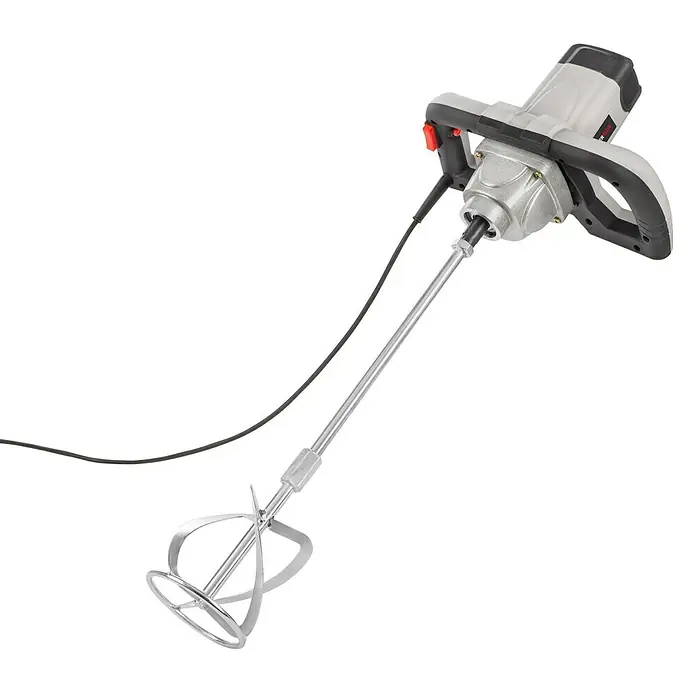 PowerPlus Mezclador de pintura y mortero POWC6020 - 1.050 W, M 14, Diámetro paleta de mezcla: 125 mm - Toma de una batidora de mortero con mango gris y cabezal mezclador plateado sobre un fondo negro.