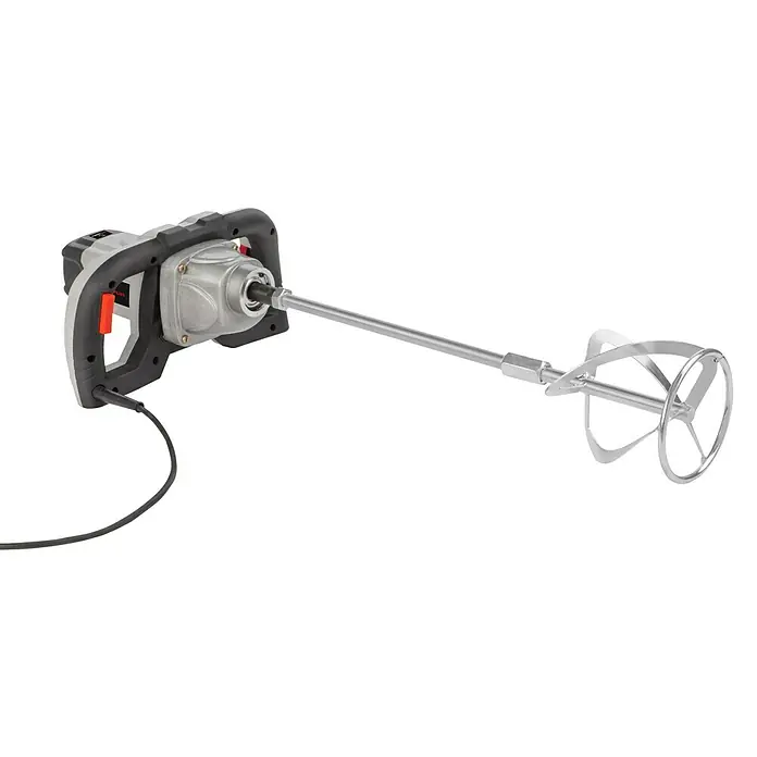 PowerPlus Mezclador de pintura y mortero POWC6020 - 1.050 W, M 14, Diámetro paleta de mezcla: 125 mm - Primer plano de un mezclador de pintura eléctrico, con un diseño robusto ideal para proyectos de construcción.