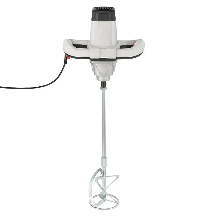 PowerPlus Mezclador de pintura y mortero POWC6020 - 1.050 W, M 14, Diámetro paleta de mezcla: 125 mm - Imagen de un mezclador de mortero blanco sobre fondo negro, ideal para la construcción. Esta herramienta es robusta y está diseñada para tareas de mezcla pesadas.