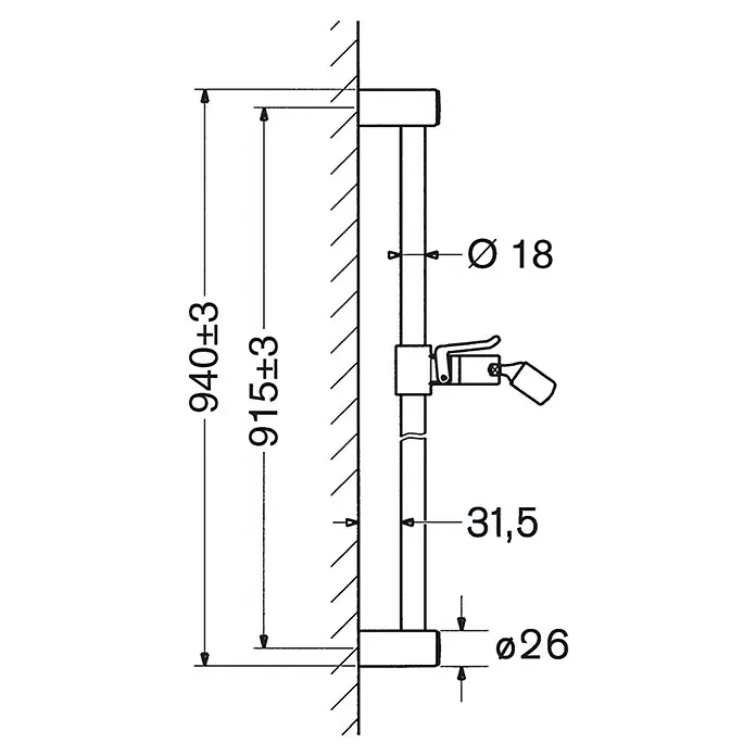 Hansa Jet Brausestange - Höhe: 94 cm, Metall - Eine schematische Darstellung einer Duschstange mit Maßangaben. Die Stange hat eine Länge von 940±3 mm und einen Durchmesser von Ø26 mm.