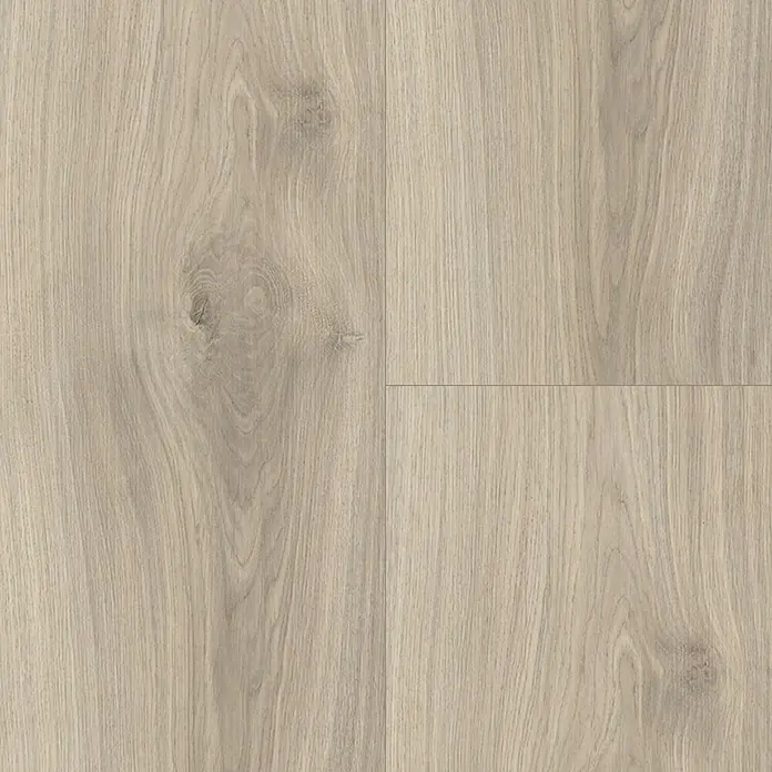 Living by Haro Laminat Gigante - Eiche Laval Grau, Landhausdiele, 2.200 x 243 x 8 mm - Ein Detailaufnahme von hellem Laminatboden mit einer realistischen Holzstruktur und Astlöchern, ideal für moderne Wohnräume.