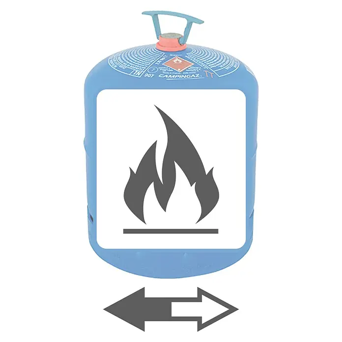 Campingaz Butangas-Füllung - 2,75 kg, Passend für: Campingaz Gas-Eigentumsflasche - Campingaz Gasflasche mit Gefahrensymbol und Pfeilen zur Kennzeichnung der Handhabung.