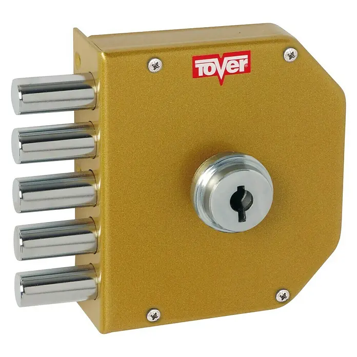 Tover Cerradura con cerrojo 6001 - Tipo de bloqueo: Llave, DIN-Izquierda, Puerta principal - Primer plano de una cerradura dorada con cinco pestillos y un ojo de cerradura plateado.