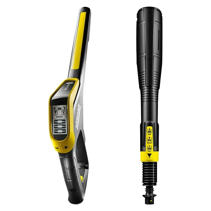 Kärcher Hidrolimpiadora de alta presión K7 Smart Control - 180 bar, 3.000 W, Capacidad de bombeo: 600 l/h - Imagen de una pistola y lanza Kärcher Smart Control Power que forman un sistema de limpieza inteligente.
