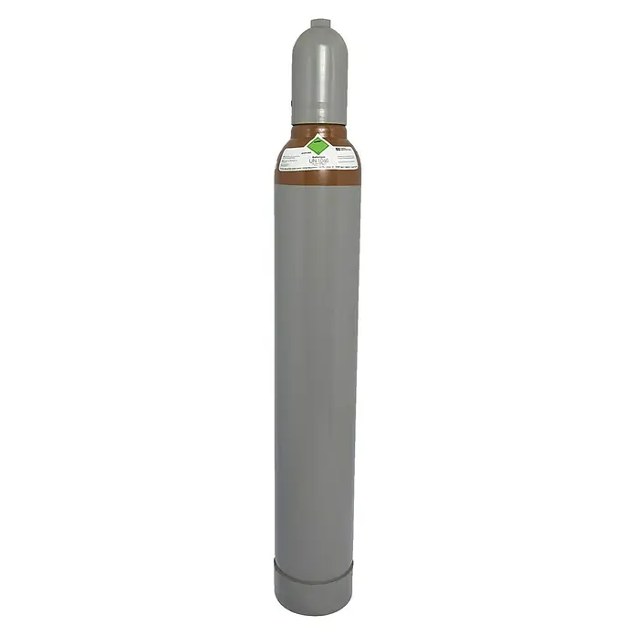 Tyczka Energy Ballongas-Flasche ohne Füllung* - Fassungsvermögen: 10 l - Nahaufnahme einer Sauerstoffflasche in Grau und Braun mit grünem Gefahrenzeichen. Ideal für medizinische und industrielle Anwendungen.