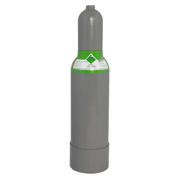 Tyczka Energy Tycon-Flasche ohne Füllung* - Fassungsvermögen: 5 l - Graue Gasflasche mit grünem Band und Warnhinweisen. Ideal für industrielle Anwendungen, bietet sichere Gaslagerung.