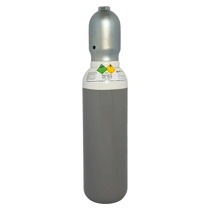 Tyczka Energy Sauerstoff-Flasche ohne Füllung*Fassungsvermögen: 5 l - Eine graue Sauerstoffflasche, gekennzeichnet mit Sicherheitswarnsymbolen, für Industrieanwendungen.