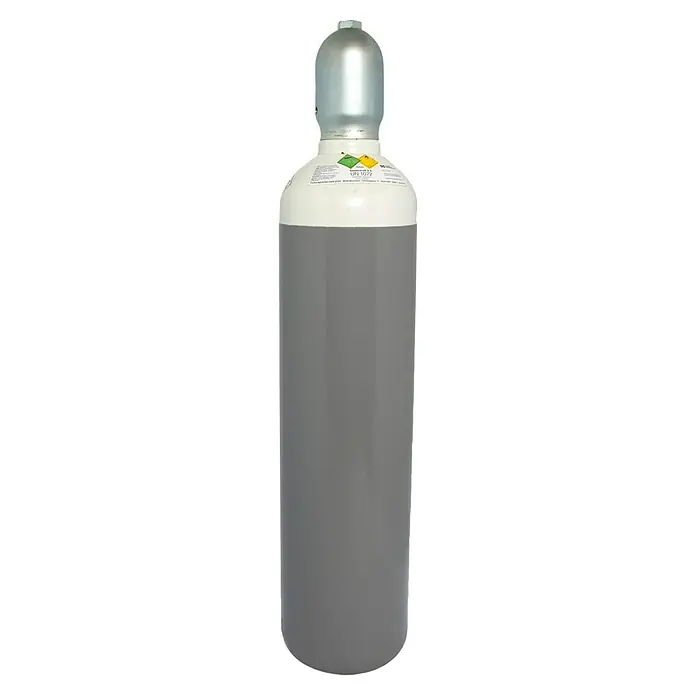 Tyczka Energy Sauerstoff-Flasche ohne Füllung* - Fassungsvermögen: 20 l - Sauerstoffflasche mit grauem Korpus, weißem Hals und silbernem Kopf, ideal für medizinische oder industrielle Anwendungen.