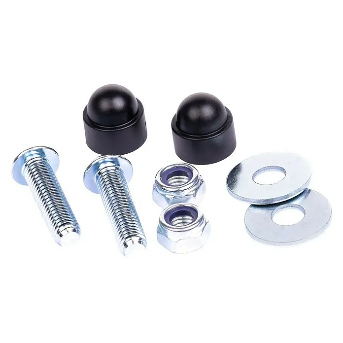 Stema Schrauben-Set für Stützkissen - 2 x Linsenschraube M8 x 30, 2 x Sechskant-Mutter M8, 2 x Scheibe (8,4 mm), 2 x Schutzkappe M8 - Ein Satz mit zwei Schrauben, Muttern, Unterlegscheiben und Schraubenkappen, ideal für sichere und ästhetische Befestigungen.