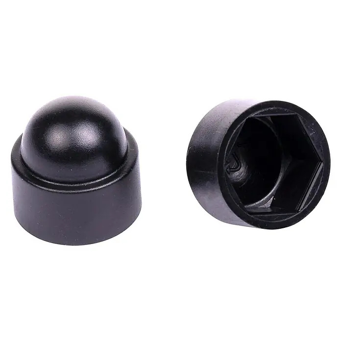 Stema Schrauben-Set für Stützkissen - 2 x Linsenschraube M8 x 30, 2 x Sechskant-Mutter M8, 2 x Scheibe (8,4 mm), 2 x Schutzkappe M8 - Zwei schwarze Radmutternkappen, eine mit gewölbter Oberseite und eine mit sechseckigem Loch.