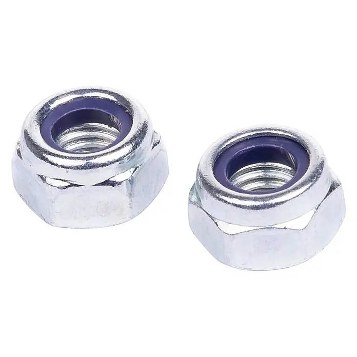 Stema Schrauben-Set für Stützkissen - 2 x Linsenschraube M8 x 30, 2 x Sechskant-Mutter M8, 2 x Scheibe (8,4 mm), 2 x Schutzkappe M8 - Nahaufnahme von zwei selbstsichernden Muttern mit blauem Nylonring, die für sichere Verbindungen und Vibrationsfestigkeit sorgen.