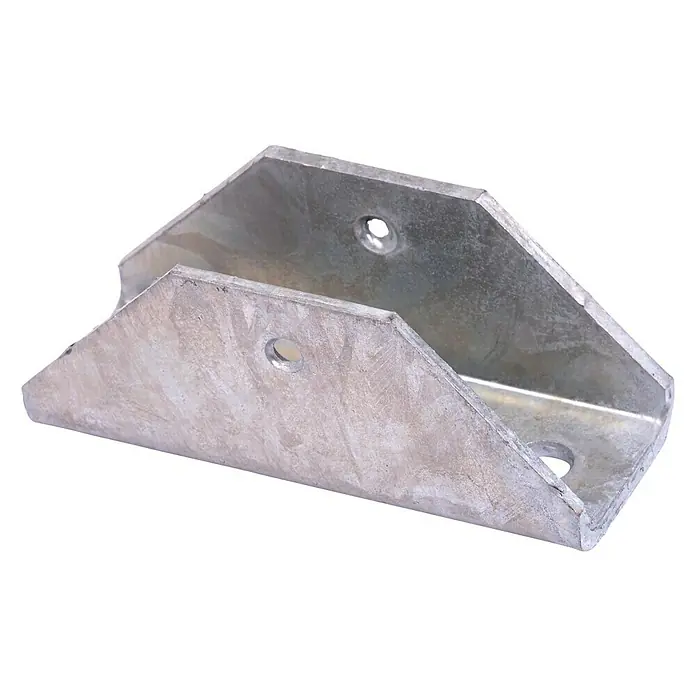 Stema Halterung für Pendelrolle - L x B x H: 49 x 130 x 40 mm, Lochabstand: 90 mm - Nahaufnahme einer verzinkten Metallhalterung mit mehreren Löchern zur Befestigung.