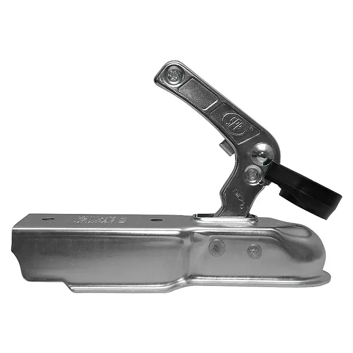 Kupplungs-Set - Geeignet für: Bootstransporter bis 750 kg zulässige Gesamtmasse - Hier ist ein hochauflösendes Bild einer Anhängerkupplung. Die Kupplung ist aus Metall gefertigt und hat einen schwarzen Griff.