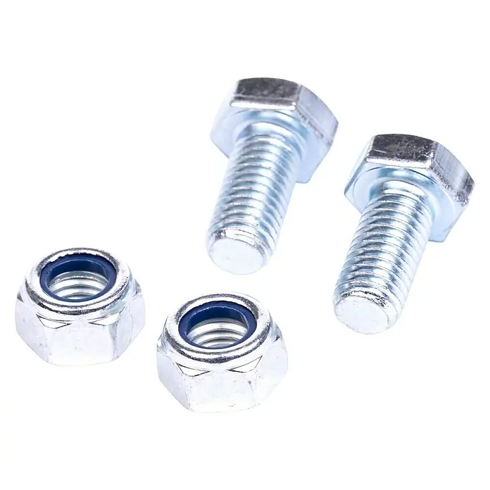 Stema Schrauben-Set Halterung für Pendelprofil - 2 x Schrauben M12, 2 x Muttern M12 x 25 - Nahaufnahme von zwei Sechskantschrauben und zwei selbstsichernden Muttern auf schwarzem Hintergrund.