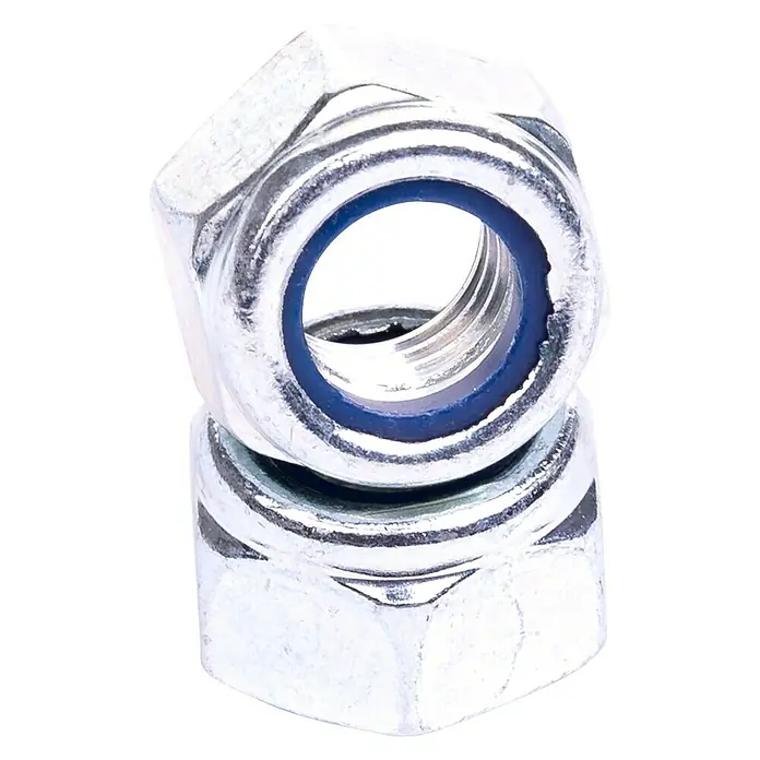 Stema Schrauben-Set Halterung für Pendelprofil - 2 x Schrauben M12, 2 x Muttern M12 x 25 - Zwei Sechskantmuttern mit metrischem Innengewinde und einem blauen Sicherungsring aus Nylon gestapelt auf einem schwarzen Hintergrund.