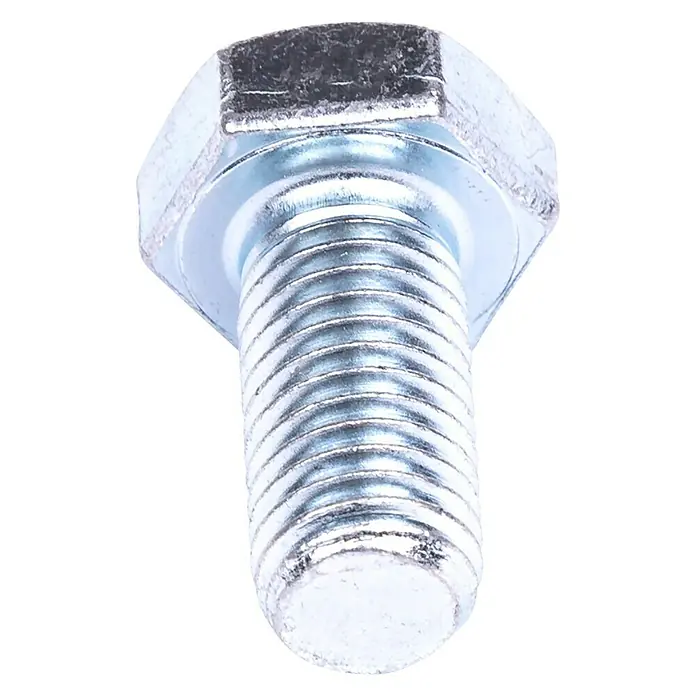 Stema Schrauben-Set Halterung für Pendelprofil - 2 x Schrauben M12, 2 x Muttern M12 x 25 - Nahaufnahme einer glänzenden, verzinkten Sechskantschraube, die auf einem schwarzen Hintergrund liegt.