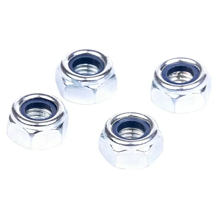 Klemmplatte - 63 mm, Passend für: Bügelschrauben M10, Stahl, Verzinkt, 2 Stk. - Nahaufnahme von vier Sicherungsmuttern mit Nyloneinsatz, die auf einer schwarzen Oberfläche angeordnet sind.