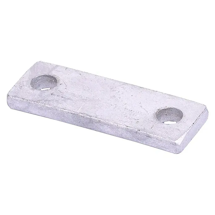Klemmplatte - 63 mm, Passend für: Bügelschrauben M10, Stahl, Verzinkt, 2 Stk. - Ein silbernes, rechteckiges Metallteil mit zwei Löchern. Dieses Metallteil dient als Verbinder oder Befestigungselement.