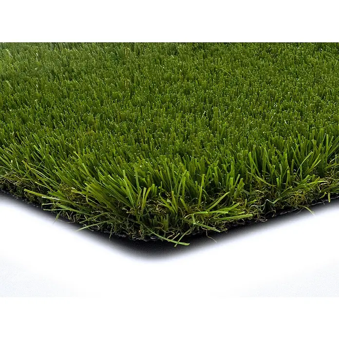 Césped artificial Corfú - 5 x 2 m, Altura del pelo: 35 mm, 23.100 puntadas/m² - Primer plano de un trozo de césped artificial, que muestra una textura densa y hojas verdes realistas. Ideal para jardines.