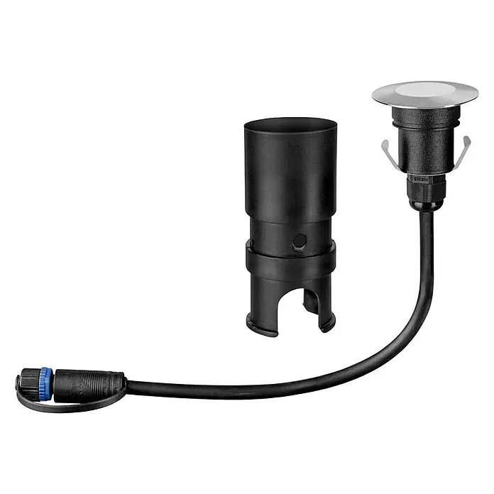 Paulmann Plug & Shine Basis-Set LED-Bodeneinbauleuchte Floor Mini - 2,5 W, 24 V, IP65, Höhe: 90 mm, 3.000 K, 3 Stk. - Eine Nahaufnahme einer Bodeneinbauleuchte mit schwarzem Kabel und Zubehörteilen auf schwarzem Hintergrund.