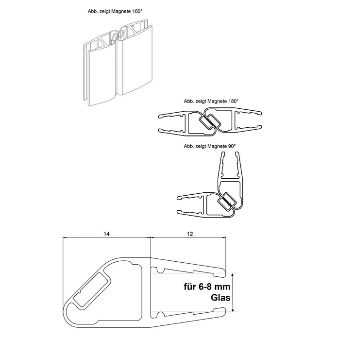 Camargue Magnetleisten-Set Vario/Air - Kunststoff, Transparent/Weiß - Skizze einer magnetischen Dichtung für Glas mit den Maßen 14 und 12, geeignet für 6–8 mm Glas, in verschiedenen Ansichten dargestellt.