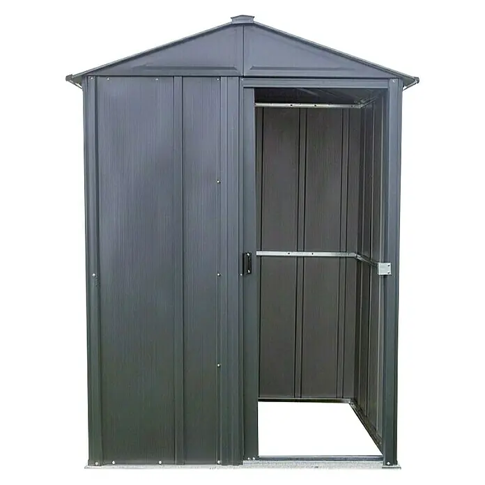 Spacemaker Gerätehaus 5x4 - Außenbreite inkl. Dachüberstand: 151 cm, Außentiefe inkl. Dachüberstand: 122 cm, Stahl, Grau - Dieses Bild zeigt einen grauen Gartenschuppen mit Schiebetüren, ideal für die Aufbewahrung von Gartengeräten.