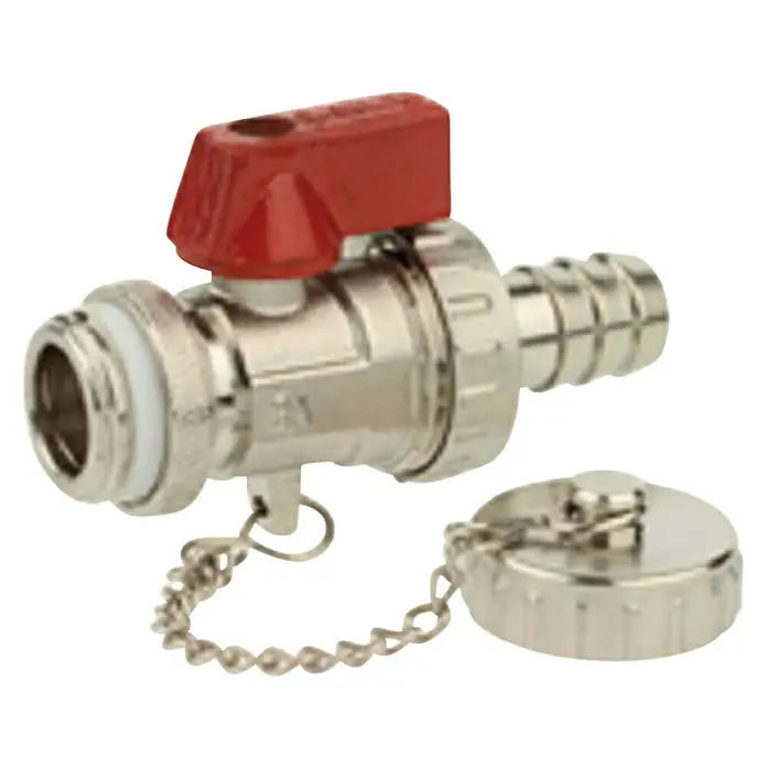 KFE-Kugelhahn - ½″, Vernickelt, Knebel - Ein Wasserhahn mit rotem Griff und Kette, ideal für Gartenbewässerung oder andere Anwendungen im Freien. Robuste Konstruktion für zuverlässige Leistung.