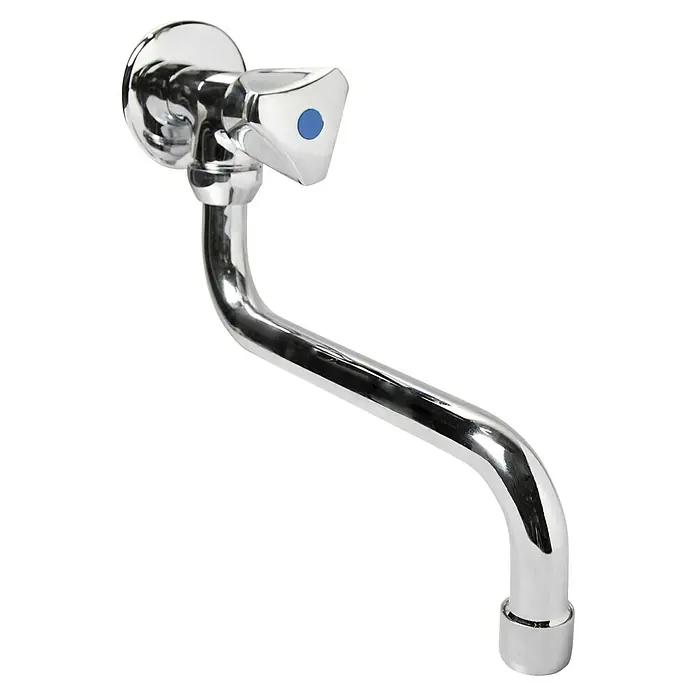 Wandschwenkventil - Chrom, Flexibel - Ein moderner, verchromter Waschtischhahn mit blauem Punkt am Griff, ideal für jedes Badezimmer. Das glänzende Finish sorgt für Eleganz.