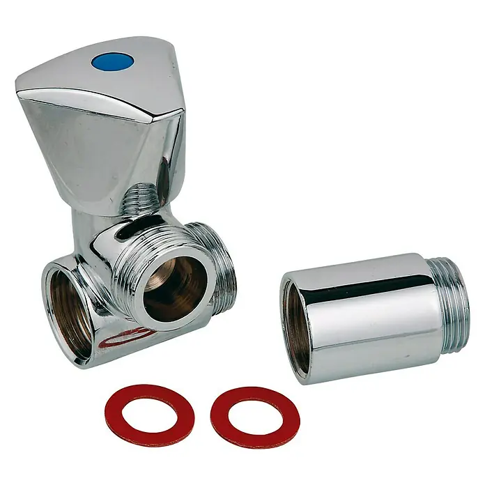 Geräteanschlussventil - ¾″, Metall, Batterie links - Glänzendes Eckventil mit blauem Knopf, Gewinden und roten Dichtungsringen, ideal für den Sanitärbereich.