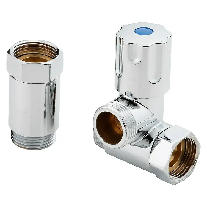 Geräteanschlussventil - ¾″, Metall, Batterie rechts - Nahaufnahme eines glänzenden Wasserhahns und Verbindungsstücks mit blauer Kappe, ideal für Badezimmer- oder Küchenarmaturen.