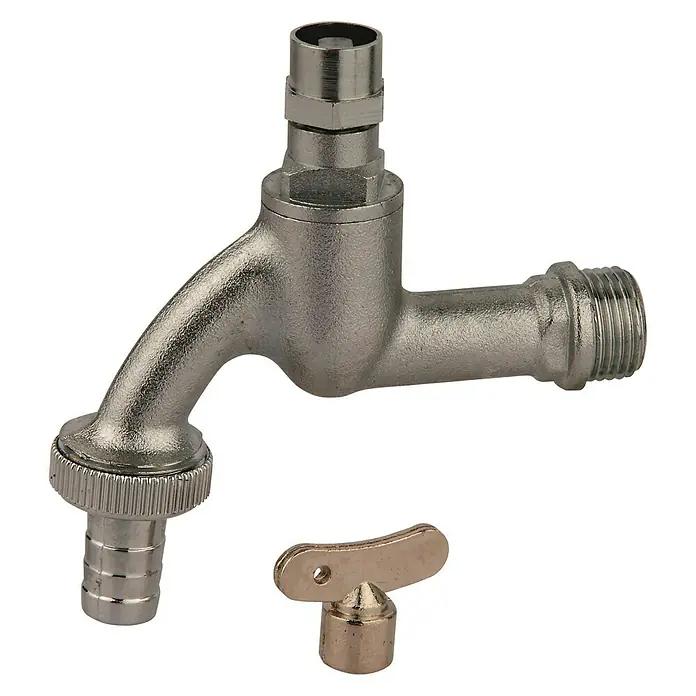 Auslaufventil - ½″, Steckschlüssel, Chrom, Matt - Nahaufnahme eines silberfarbenen Wasserhahns mit separatem Ventilkopf auf schwarzem Hintergrund.