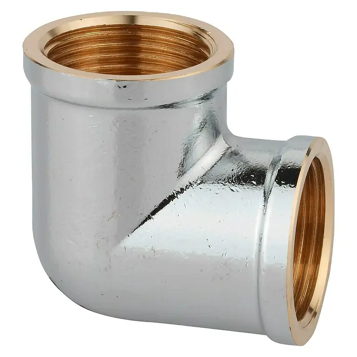 Winkel II - ½″, Messing, Verchromt - Metallischer 90-Grad-Rohrbogen mit polierter Oberfläche und Messinggewinde, ideal für Sanitärinstallationen.