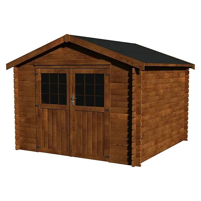 Décor et Jardin Caseta de jardín Valodeal - Medidas ext. (An x Pr): 317 x 302 cm, Espesor de pared: 34 mm, Marrón - Casetas de jardín de madera con puertas dobles y techo negro. Ideal para guardar herramientas y muebles de jardín.