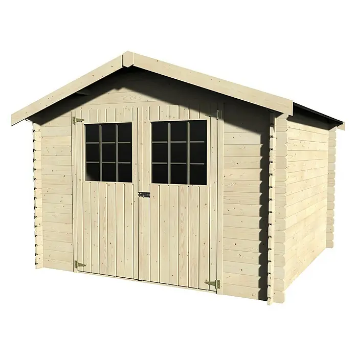 Décor et Jardin Caseta de jardín Flodovark - Medidas ext. (An x Pr): 317 x 313 cm, Espesor de pared: 28 mm, Natural - El artículo de la foto es un cobertizo de madera sin terminar con puertas dobles y ventanas. Ideal para almacenaje en el jardín.
